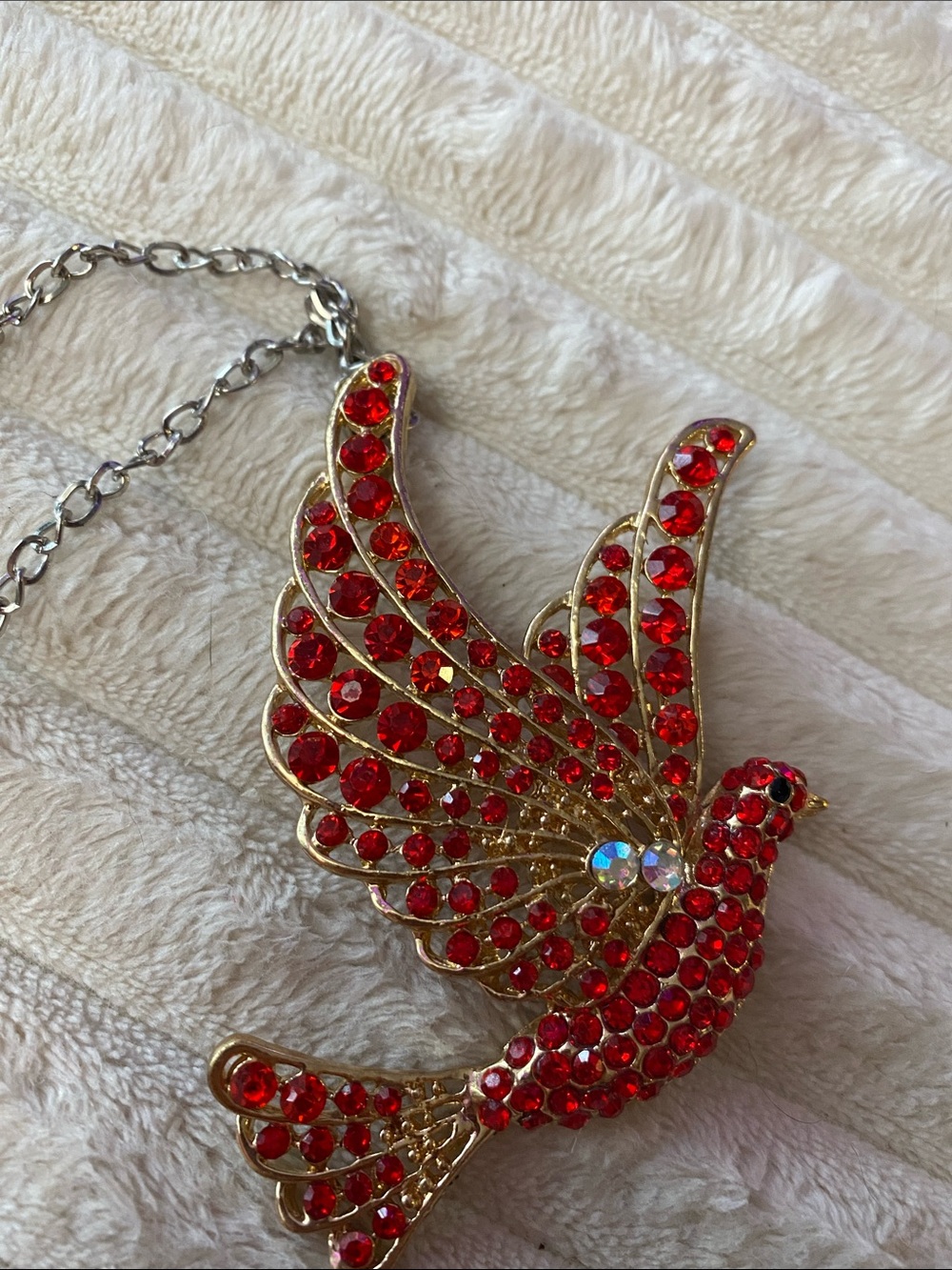 Gold-Tone Gorgeous sparkling Red Crystal Dove Pendant with Silver Necklace